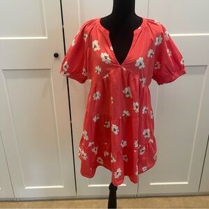 Universal Thread Coral-Pink Floral V-Neck Tiered Mini Dress Or Tunic Top